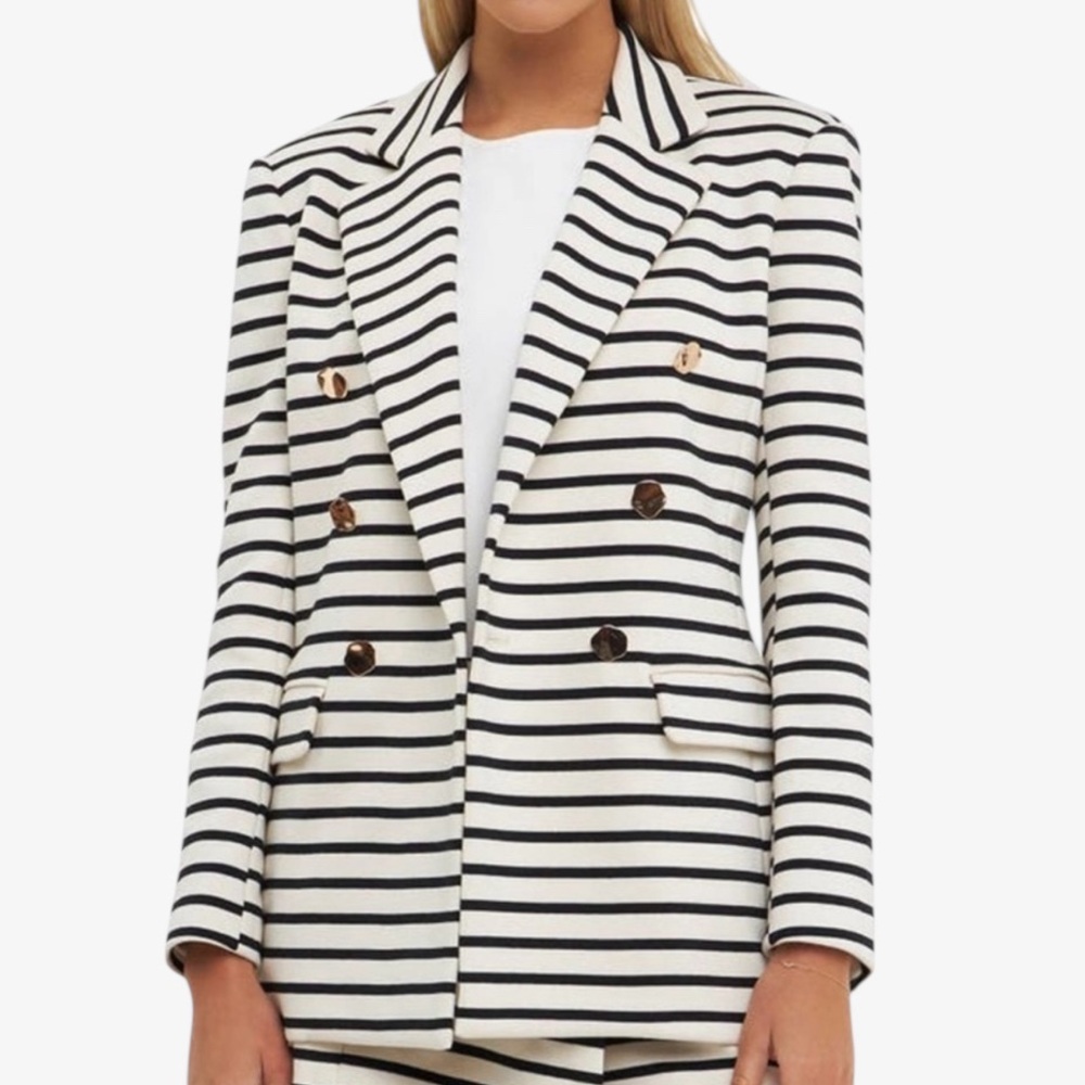 English Factory Corporate Striped Double Breasted Blazer Cream Black Size M